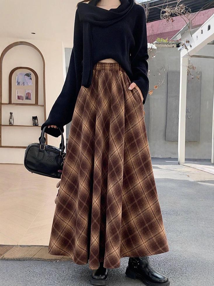 Thickened Warm Wool Retro Plaid Umbrella Skirt - 2025 Autumn/Winter Collection