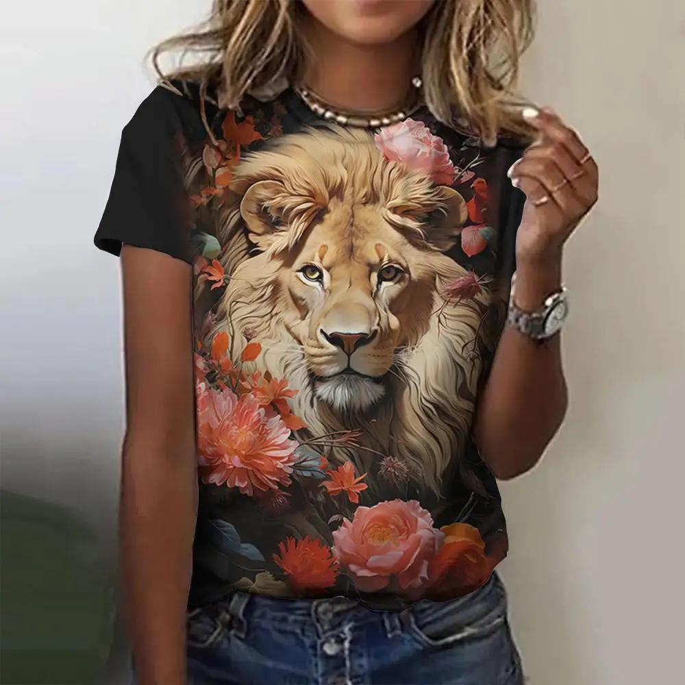 Summer Fashion Round Neck Women's Top 3D Printed with Animal and Flower Patterns, Casual Loose Short Sleeved T-shirt, Plus Size