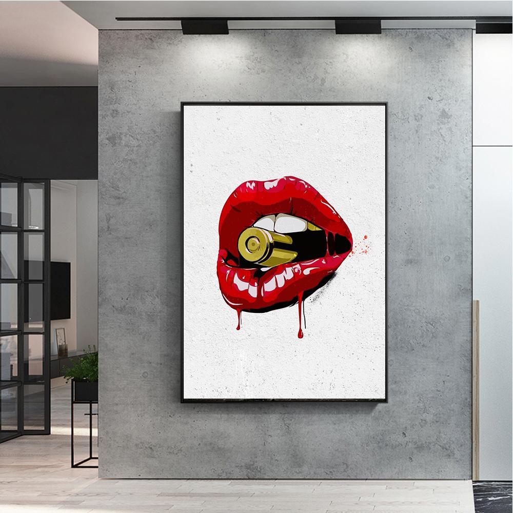 Mulher Sexy Batons Lábios Vermelhos Estampas de Dólares Pôster Pintura em Tela Arte de Parede Moderna Imagens Para Sala de Estar Quarto Decoração de Casa