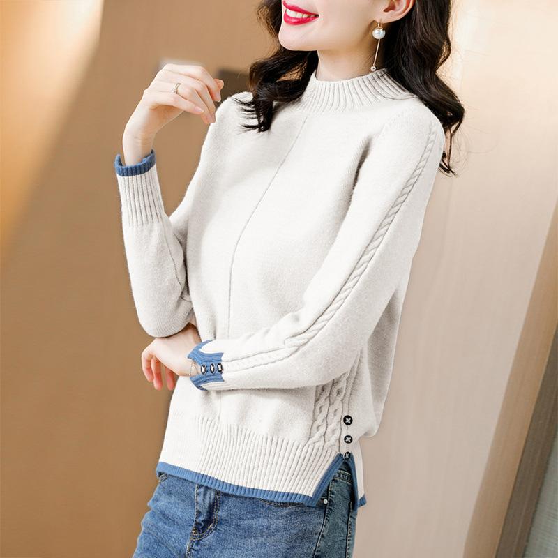 Half High Neck Sweater Split Hem Design Women's Knitted Pullover Casual Solid Color Sweater Harajuku Commuting Autumn and Winter