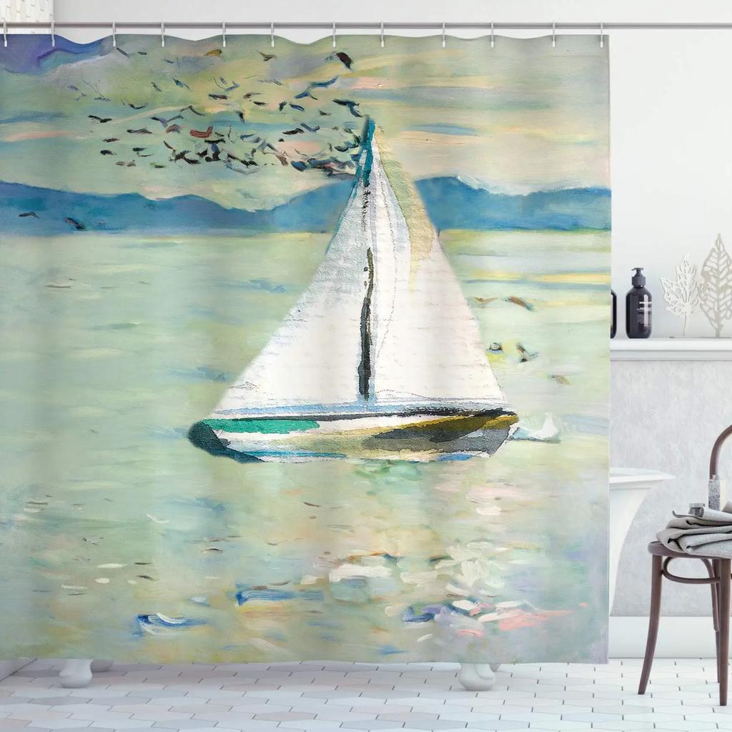 Norse Vikings Ship Shower Curtain Fantasy Boat Art Black and White Color Sailing Dragon Ship Bath Curtains for Bathtub with Hook