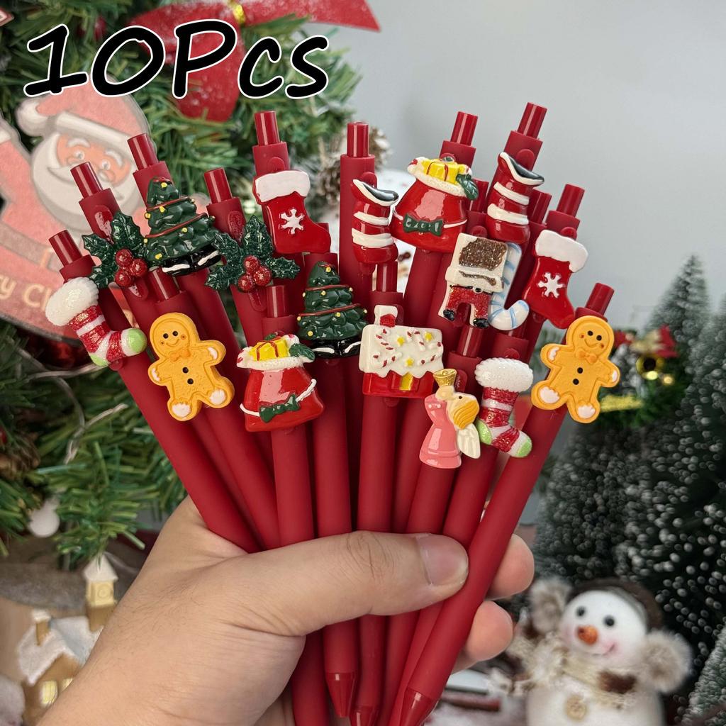 10Pcs Red Creative Christmas Snowman Shape Press Pen Cartoon Press Gel Pen Campus Design Gift Stationery Holiday Gift Novelty Stationery Teacher Party