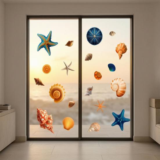Pegatinas para Ventana de Caracolas y Estrellas de Mar, Adhesivo Impermeable para Ventana con Vida Marina del Océano, Pegatinas Estáticas Reutilizables para Puerta de Cristal, Suministros para Fiestas de Verano