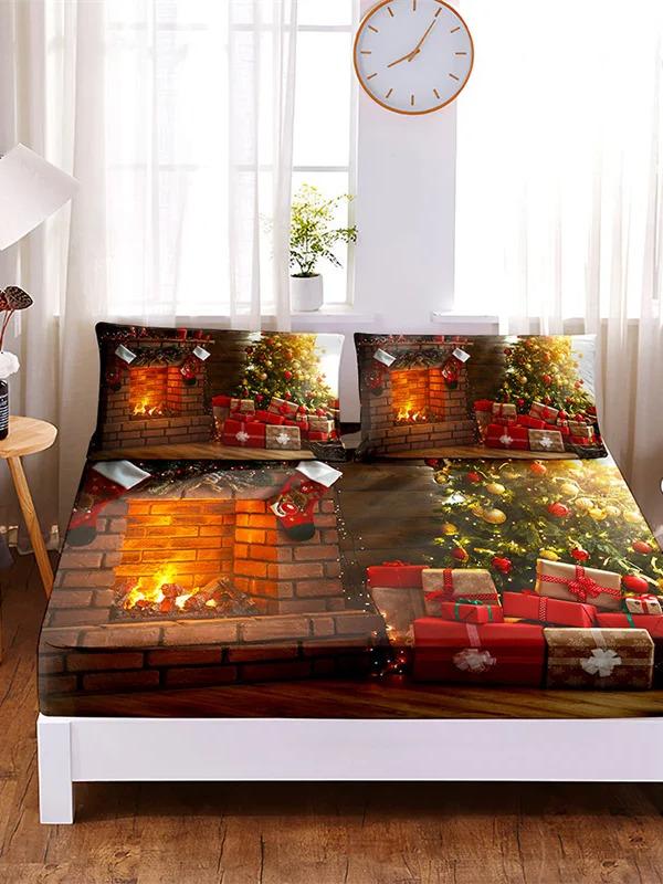 Bedding Set Christmas Fitted Sheet Set Bed Set Mattress Cover Four Corners Elastic Band Non Slip Bed Sheets and Pillowcases