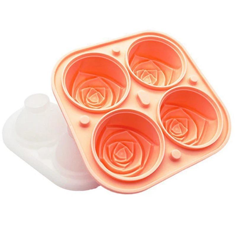 3D Rose Ice Molds 2.5 Inch, Large Ice Cube Trays, Make 4 Giant Cute Flower Shape Ice, Silicone Rubber Fun Big Ice Ball Maker