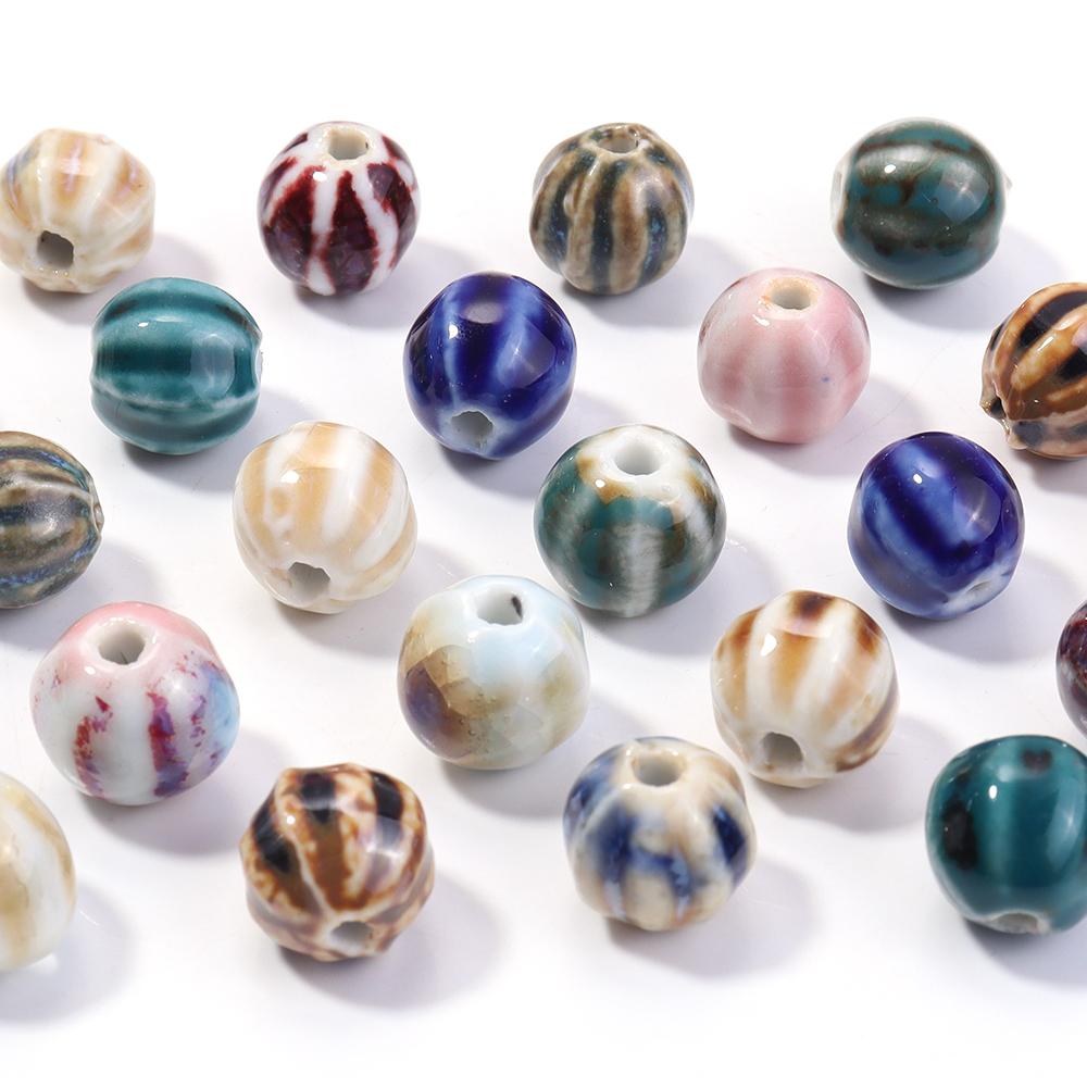 28pcs/string Pumpkin Shape Stripe Ceramics Beads Colorful Floral Glaze Porcelain Beads For DIY Charms Neckalce Bracelet Jewelry