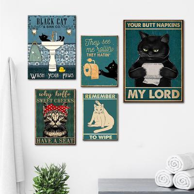 Toile de peinture de chat noir Punk rétro intéressant, santé mentale, salle de bains, décoration de salon, peinture murale, décor de maison