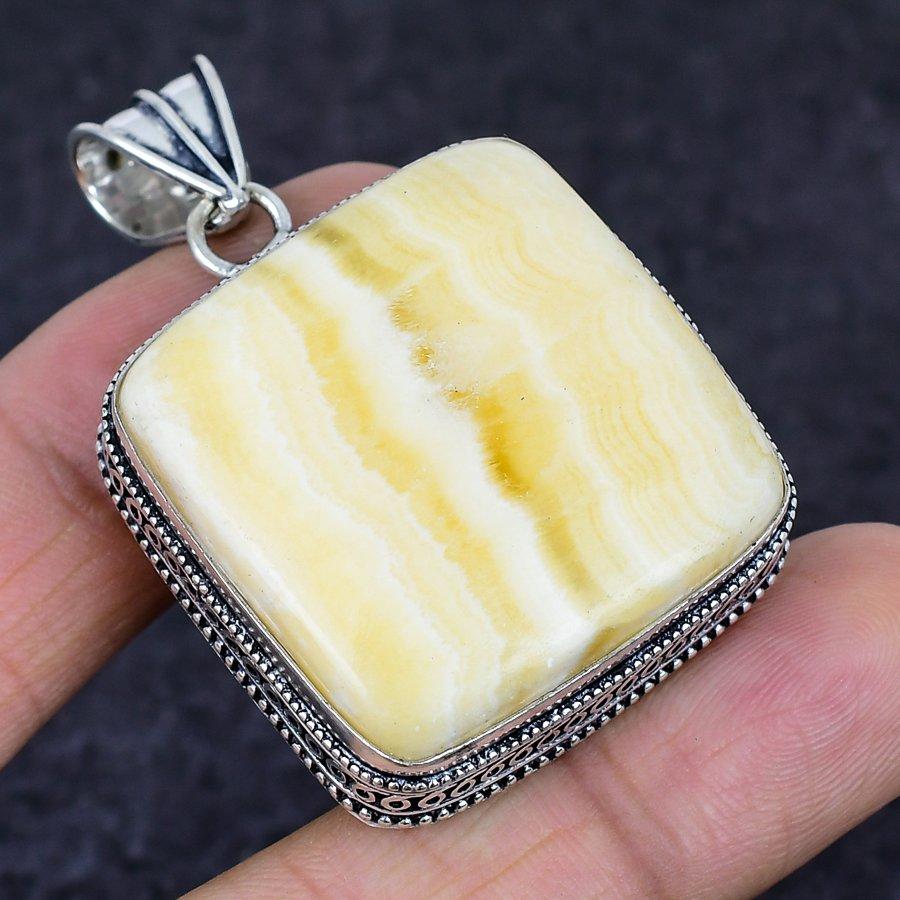 Natural Yellow Calcite Gemstone 925 Sterling Silver Jewelry Pendant 2.05" Q1B42