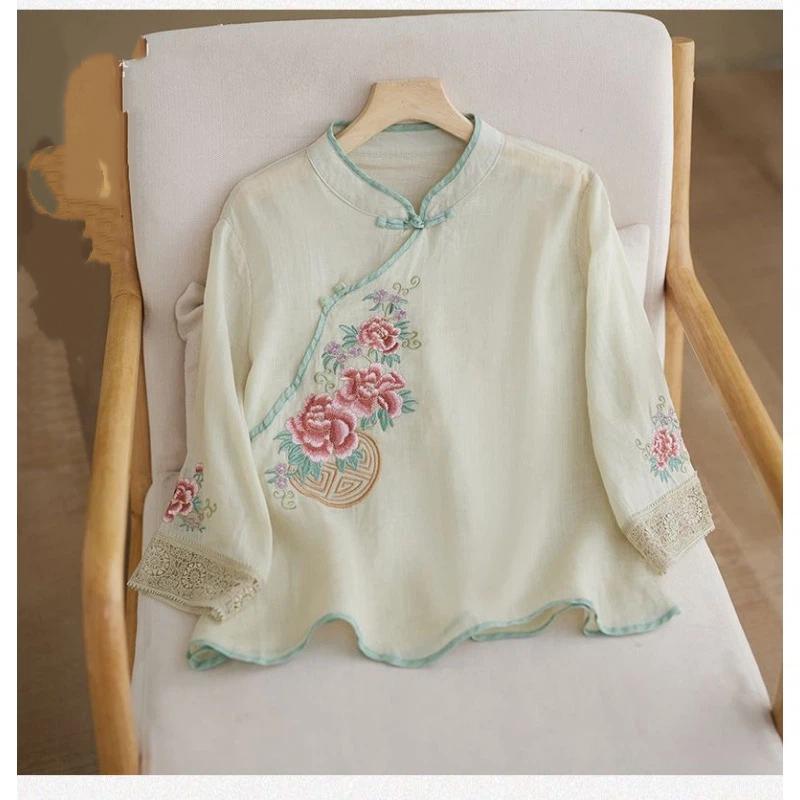 Women Chinese Style Floral Embroidered Mandarin Collar Three Quarter Sleeve Linen Cotton Blend Blouse
