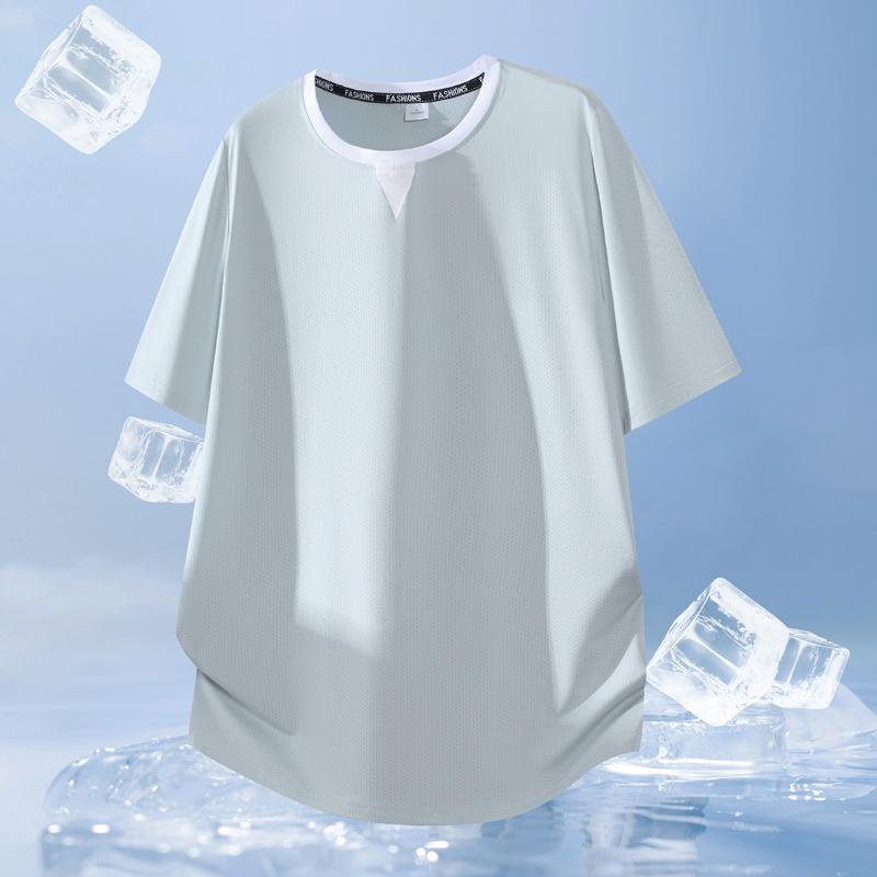 Sommer løs ensfarvet kortærmet t-shirt til mænd, Is silke t-shirt
