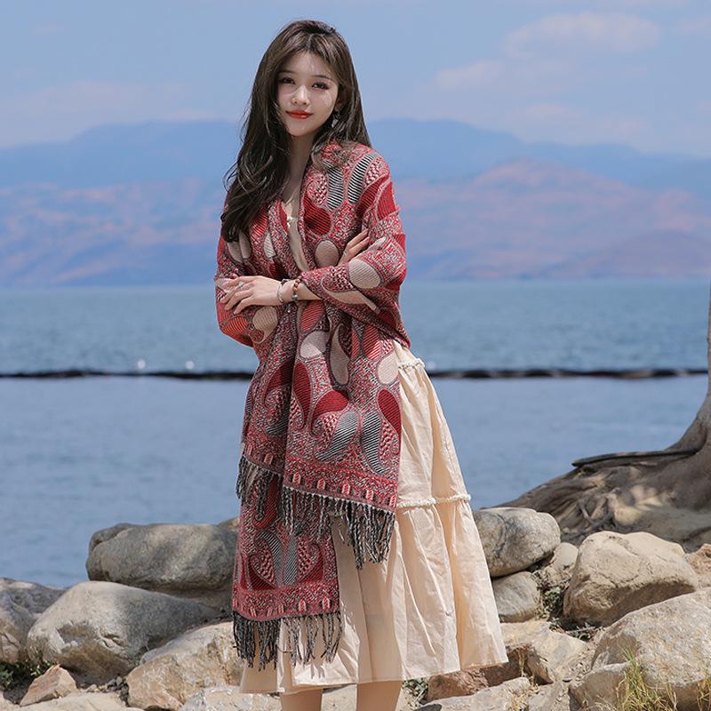 Ethnic Style Cashew Pattern Shawl Cloak Scarf: Imitation Cashmere, Thick, Dual-Purpose Women's Accessory for Autumn/Winter