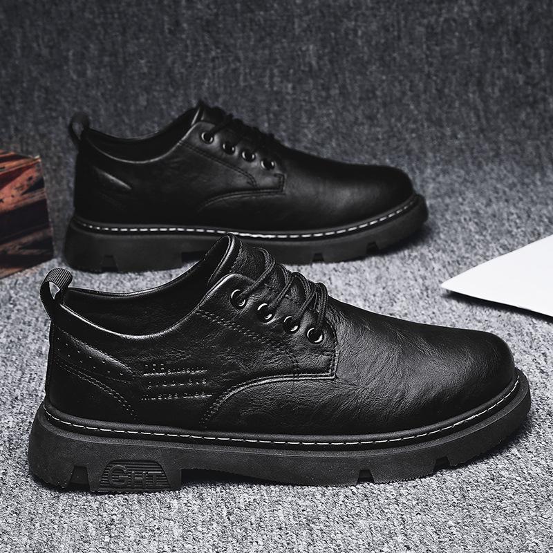 Black big head leather shoes winter business dress British style small leather shoes soft sole casual shoes autumn and winter