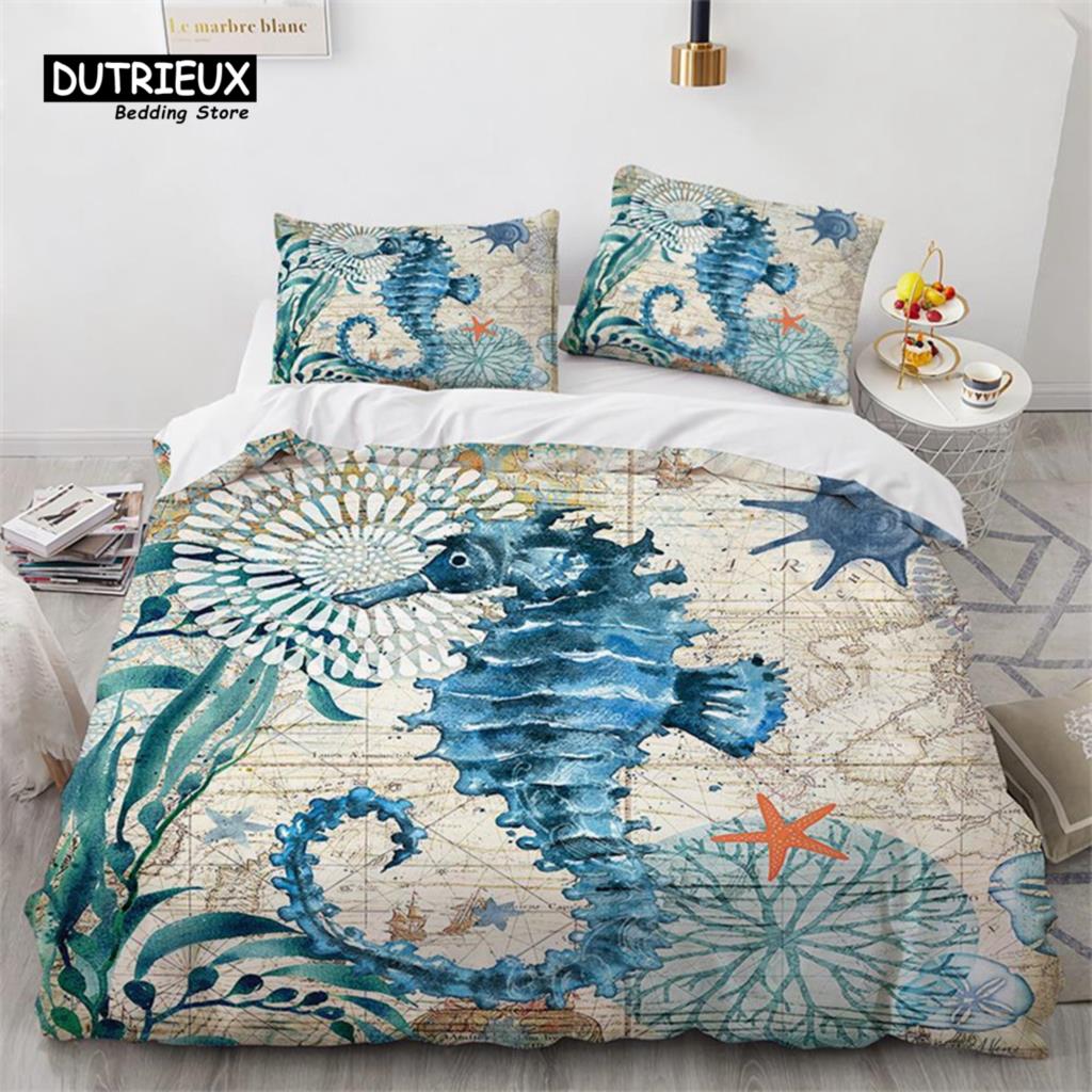 Poszwa na kołdrę z żółwiem morskim w stylu śródziemnomorskim, zestaw pościeli z nadrukiem zwierząt oceanicznych: ośmiornica, konik morski, motyw morski z poszewkami na poduszki