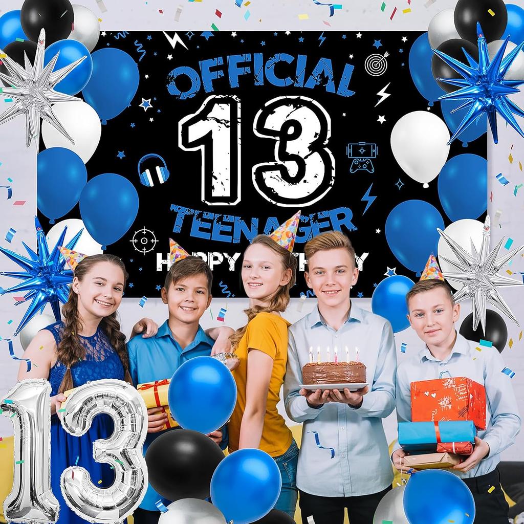 Vicycaty 13th Birthday Decorations for Boys Girls, Official Teenager 13 Years Old Birthday Party Supplies Set with Fabric Backdrop Banner, Foil