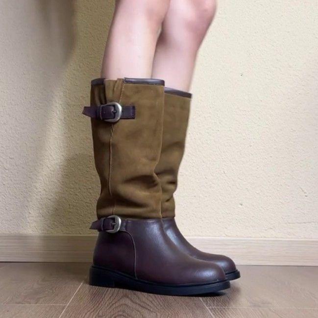 2025 New Vintage Western Cowboy Boots Women's British Style Belt Buckle Wide Tube But Knee Thick Heel Skinny Fashion Boots