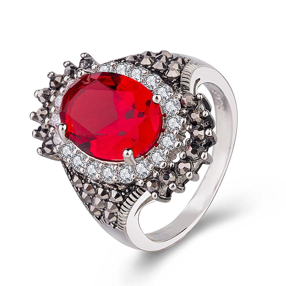 Wish Silver Jewelry: Retro Thai Silver Gemstone Ring with Red Pomegranate and Exaggerated Black Design