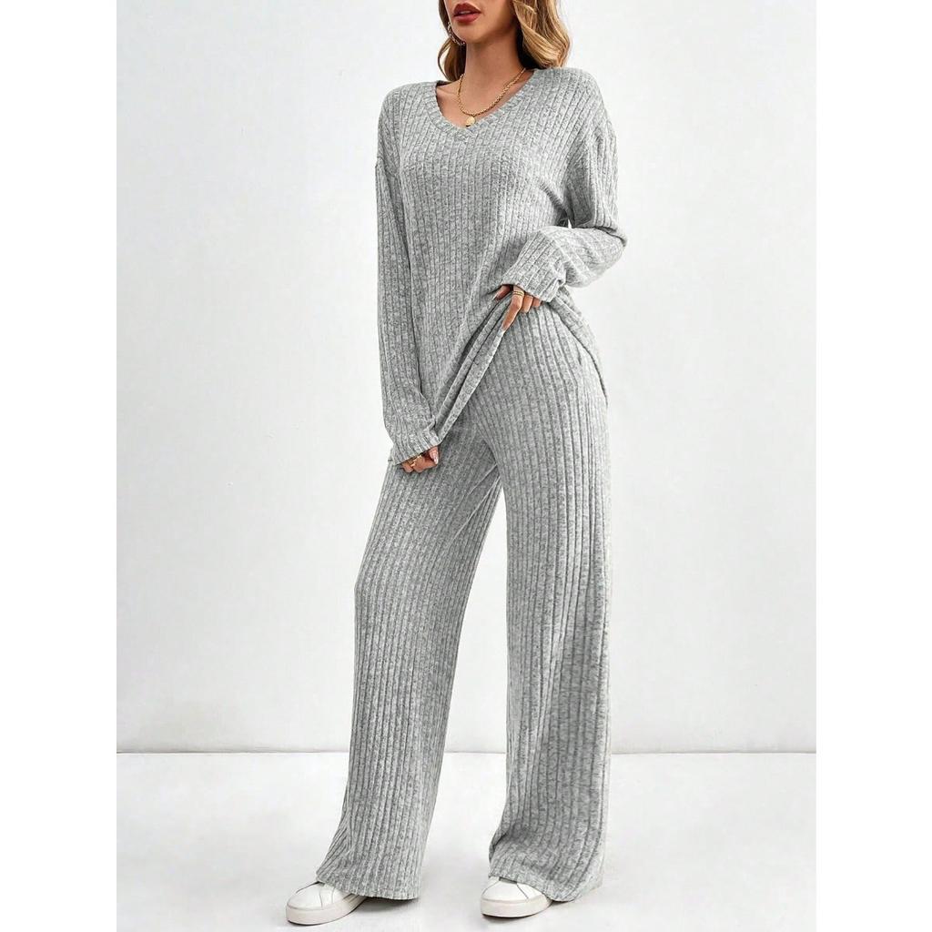 Conjunto de Ropa para el Hogar Casual de Moda para Mujer Otoño e Invierno con Rayas de Piqué y Arenado, Conjunto para Mujer Otoño e Invierno