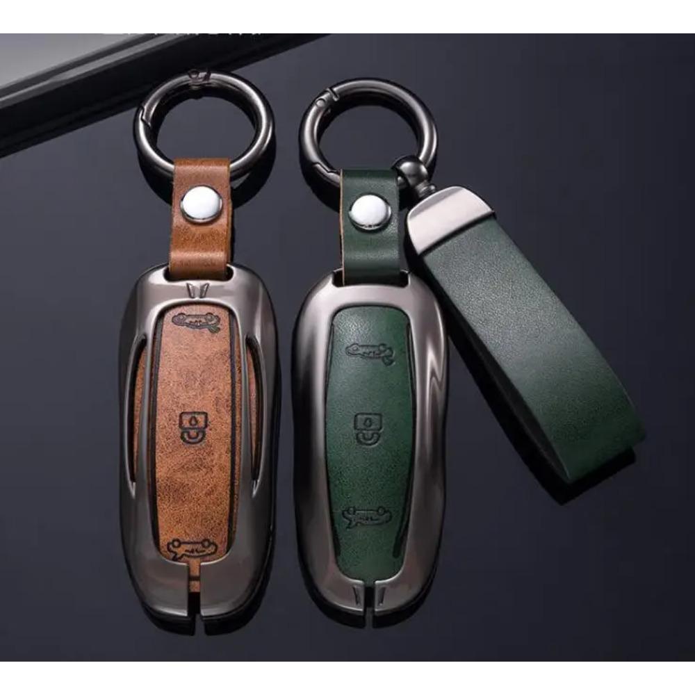 Car Zinc Alloy Leather Key Case Cover Holder for Tesla Model 3 Model S Model Y Model X Protector Keychain Interior Accessories