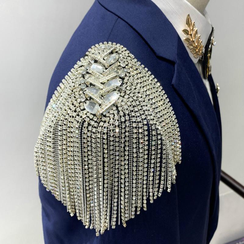 1Pc Rhinestone Beaded Epaulette Punk Coat Suit DIY Chain Tassel Badge Shoulder Patches Appliques Tassel Trim Crystal Decor