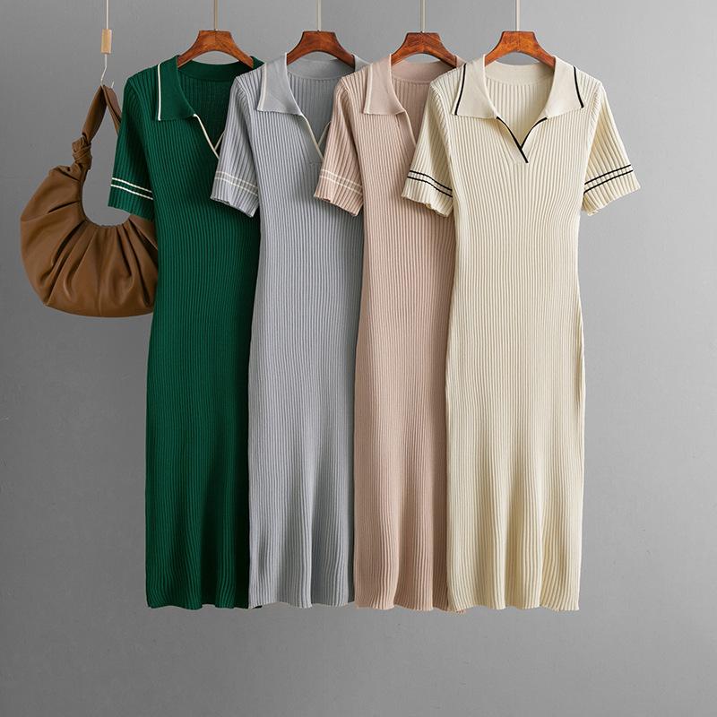 A New Summer Solid-color POLO Collar Slimming Knit Short-sleeved Dress for Women