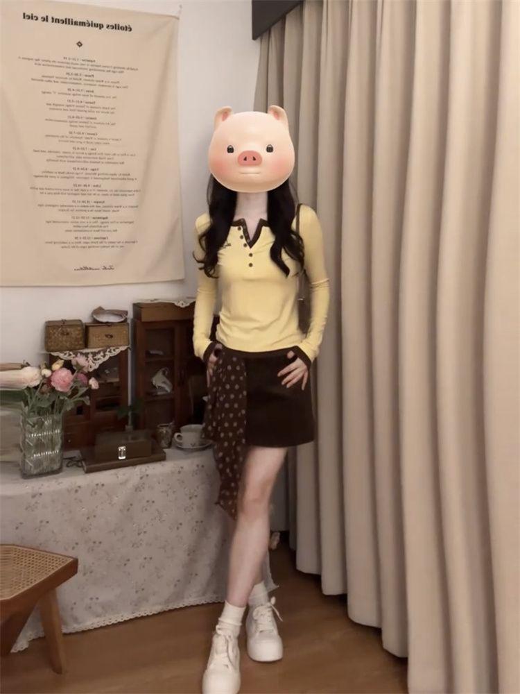 Korean Style Yellow Fake Two-Piece Long-Sleeve Slim-Fit T-Shirt for Women - Spring Casual Design