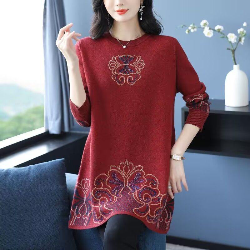

Пуловер среднего размера для полных женщин, пуловер для пожилой полной мамы, модное базовое платье M красный