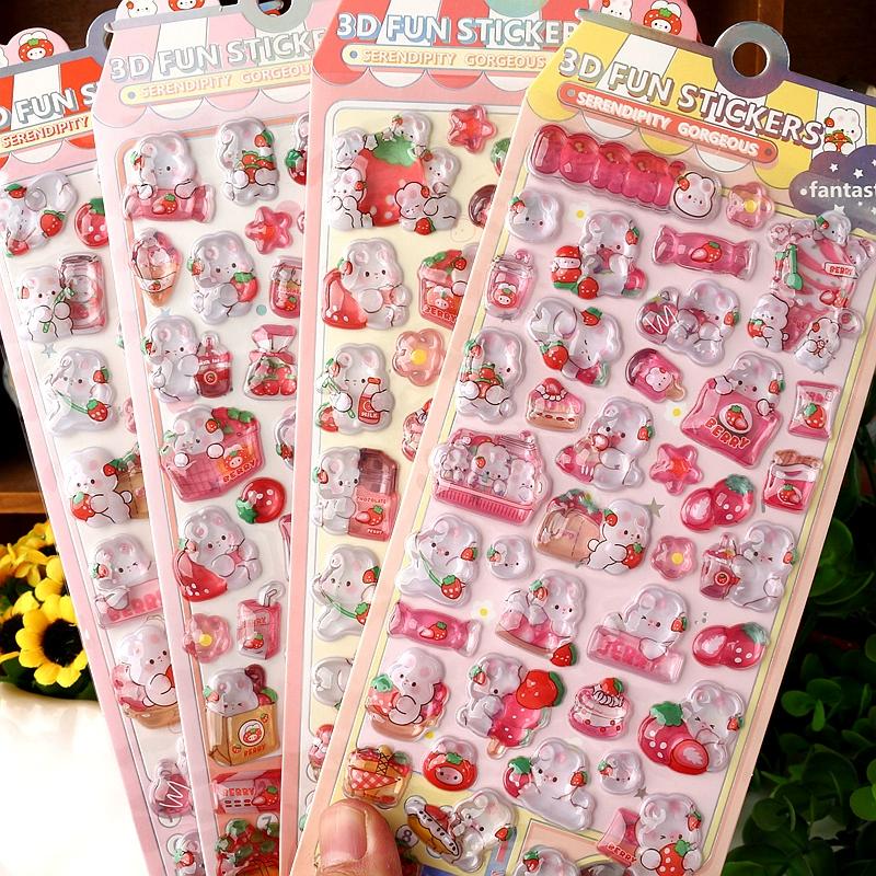 

4pcs Sticker Cute And Charming Strawberry Rabbit 3d Relief Crystal Sticker Adorable Diy Mobile Phone Decor Student Hand Account Stationery Present