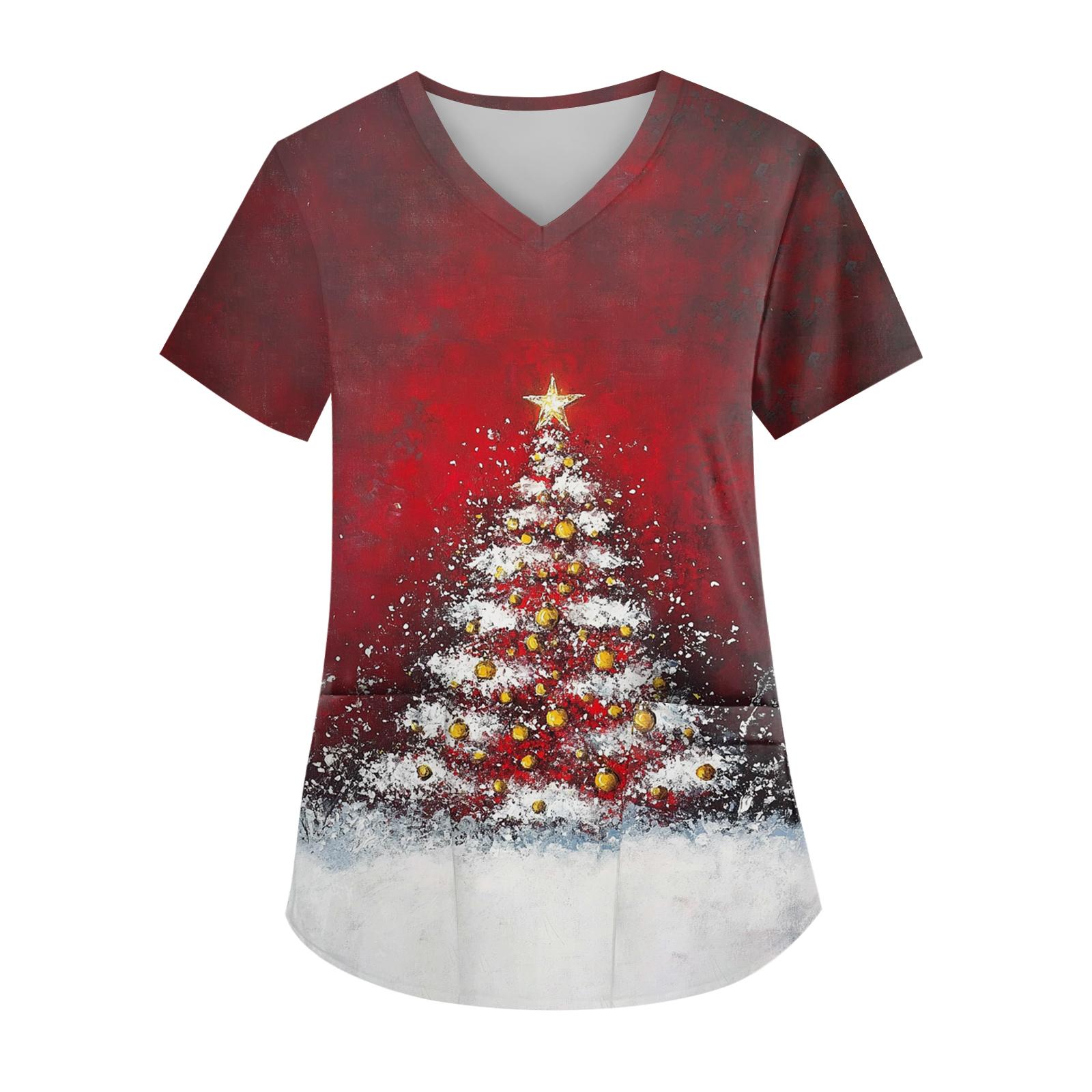 

Women s V-neck Christmas Print Short-sleeved Pocket Side Slit Uniform Top S