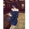 Women's One-Shoulder Dark Blue Lace Dress - 2025 Autumn Retro Style, Slim Fit, Hip-Hugging Short Skirt