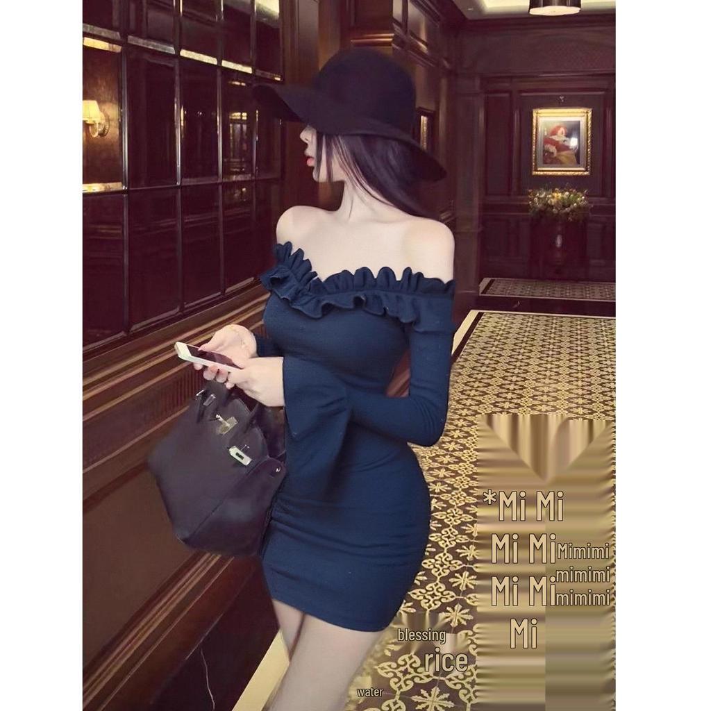 Women's One-Shoulder Dark Blue Lace Dress - 2025 Autumn Retro Style, Slim Fit, Hip-Hugging Short Skirt