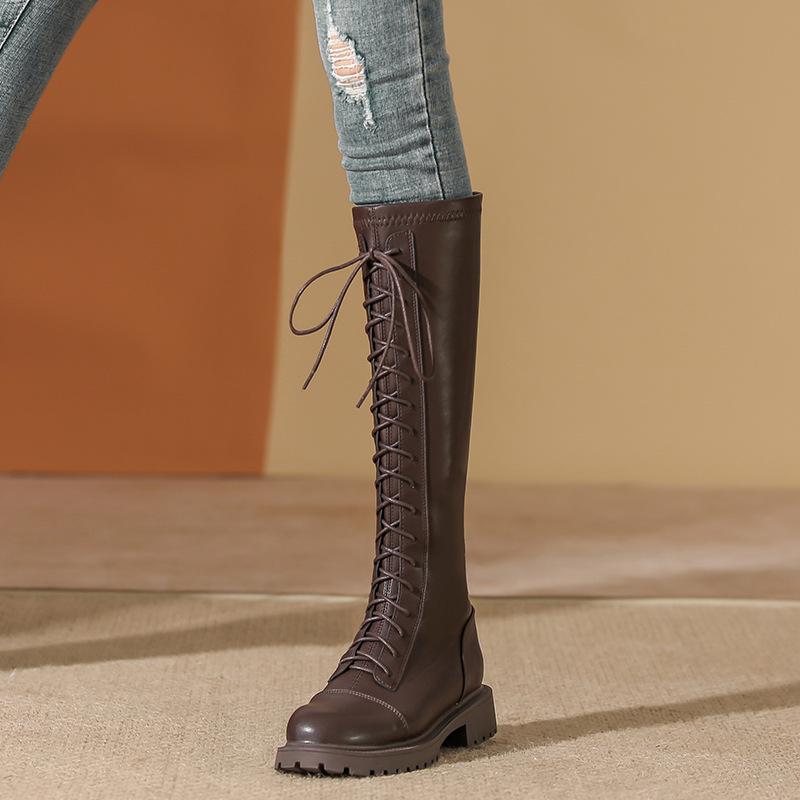 White knight boots women's autumn and winter soft leather lace-up thick-soled boots women's thick-heeled long boots high boots piled and thickened