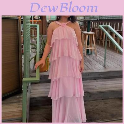 Polyester Floral Embellished Layered Chiffon Dress With Sleeveless Halter Neck For Spring