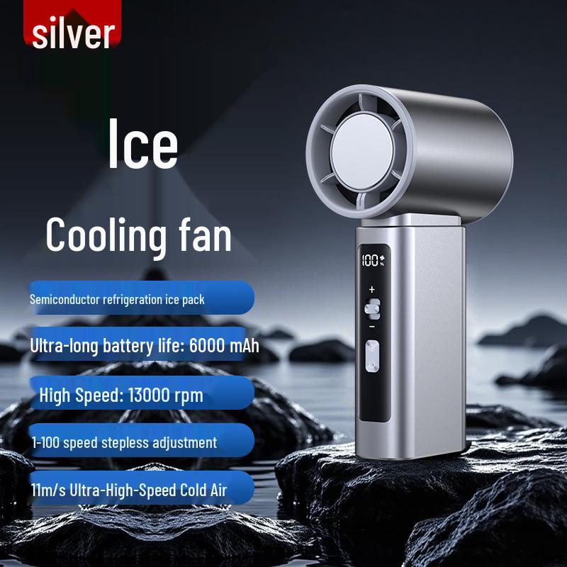 Portable High-Speed Cooling Fan with Digital Display and Rechargeable Ice Pack 6000mAh Ice Pack Cooling серебряный