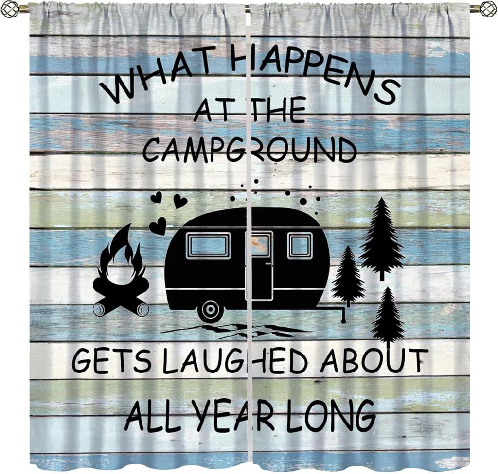 Retro Happy Camper Curta,Rustic Wood Plank Camping Travel Trailer Blackout Rod Pocket Window Curtain,For Boys Girls Living