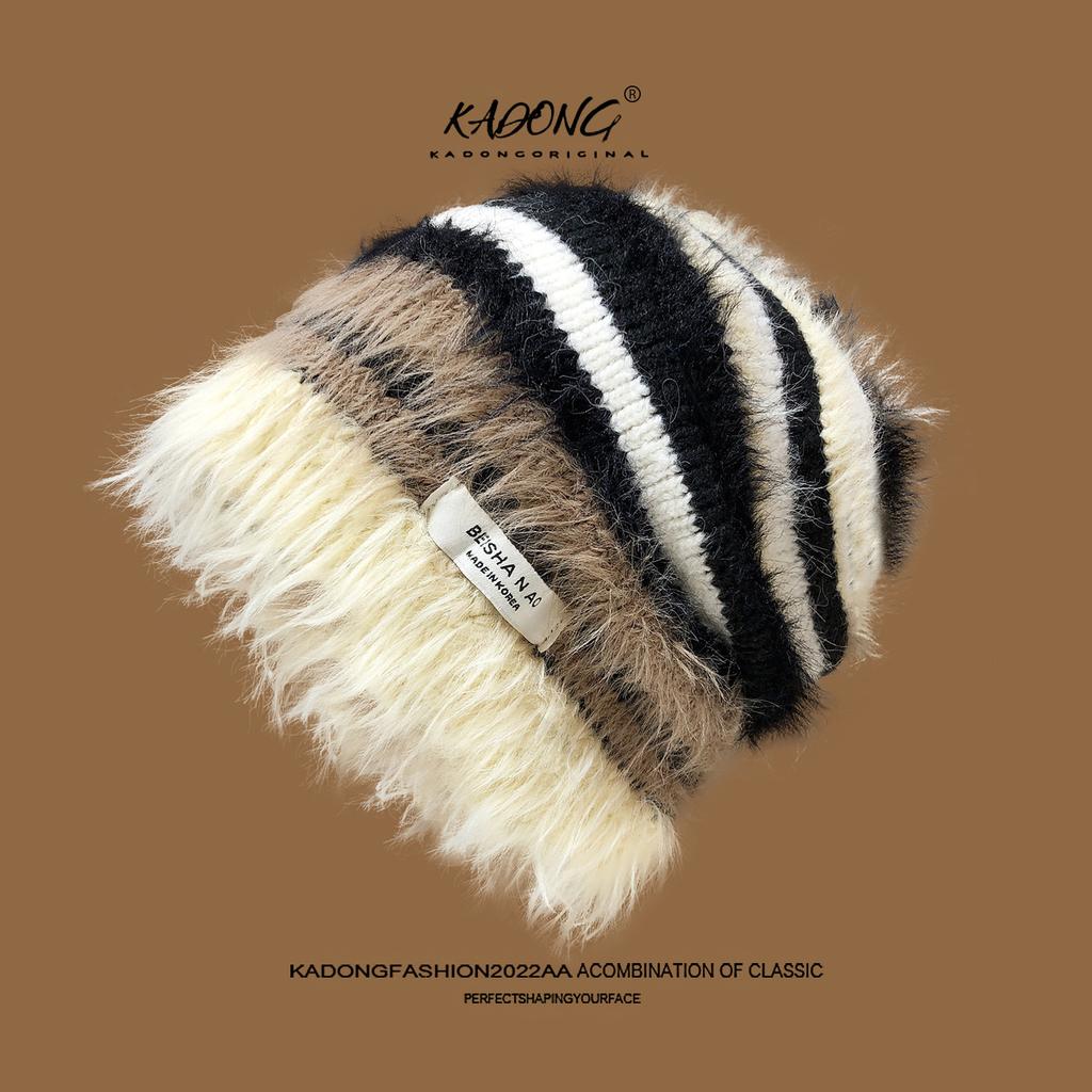 New Winter Dopamine Color Striped Wool Hat for Women Fashion Warm Face Showing Small Knitted Pile Hat