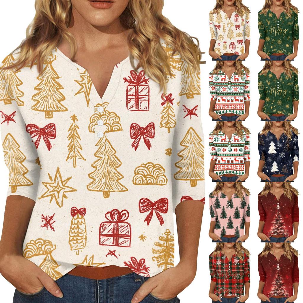 Women's Casual Fashion Christmas Print V-Neck Top with Decorative Buttons and 3/4 Sleeves