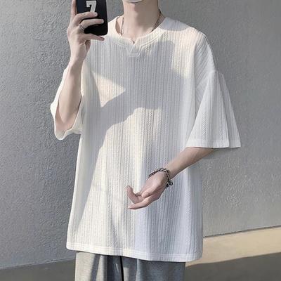 Camiseta de Hombre Pequeña Cuello en V Manga Corta Textura Twist Camiseta Color Sólido Corte Holgado Seda de Hielo Tops Casuales Uso Diario