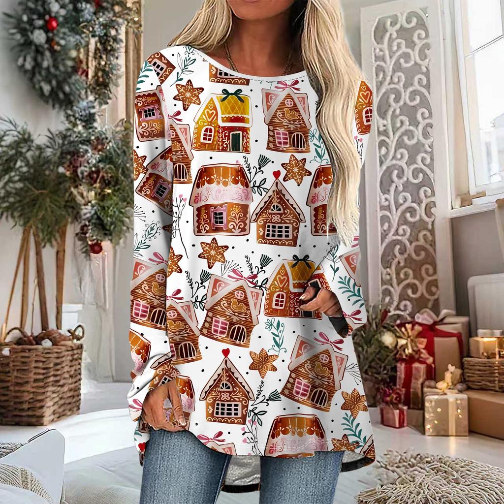 Kobiety Plus Size Wiosna Boże Narodzenie Bałwan Nadrukowany Wygodny Długi Rękaw Okrągły Dekolt T-shirt Casualowy Luźny Średniej Długości Top