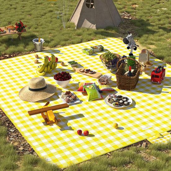 Foldable Picnic Mat Waterproof Sand Blanket Extra Large Picnic Rug Healthy Odor-Free Fabric Yellow Red Stripe Blanket for Beach