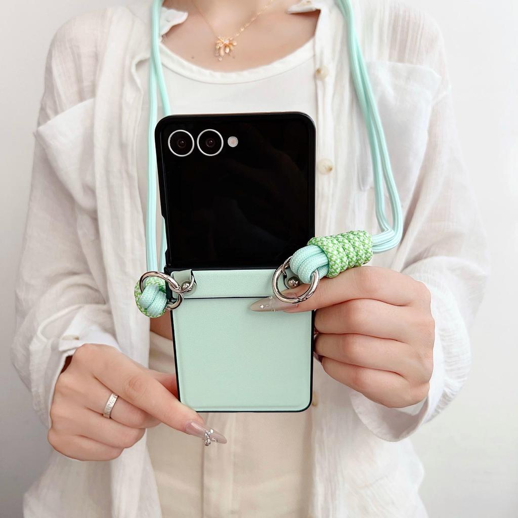 Samsung ZFlip7 Leder Handyhülle mit farbig gewebtem Seil - Passend für ZFlip6/5, Einfarbig, Faltbares Bildschirm-Backcover