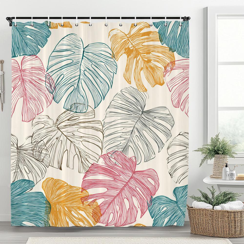 Tropical Plant Leaves Shower Curtain for Bathroom Romantic Wildflower Plants Nature Scenery Decorative Curtain Set with Hooks
