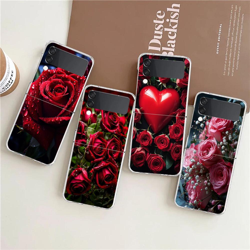 Beautiful Red Rose Flowers Phone Case For Samsung Galaxy Z Flip 3 4 5 Hard Folding Clear PC Bumper For Samsung Z Flip3 Cover