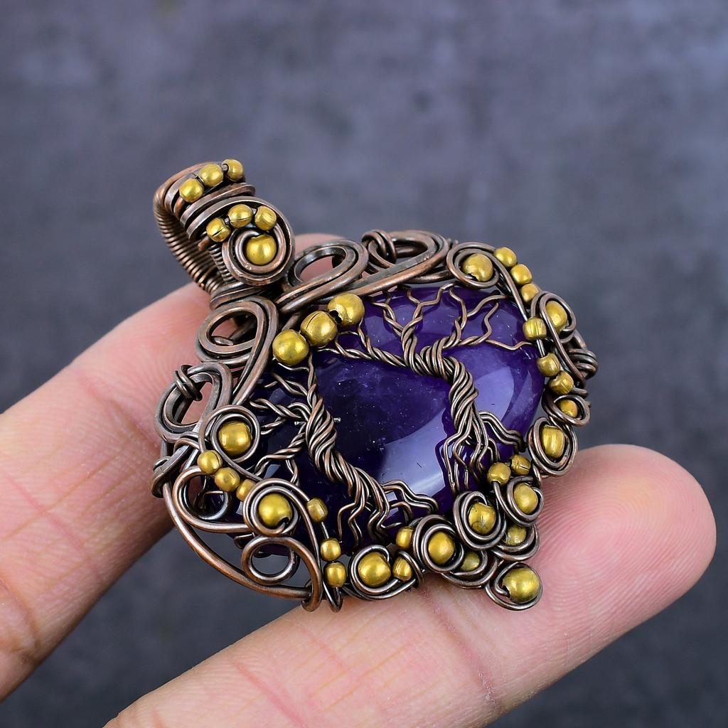 Natural Sage Amethyst Handmade Copper Wirewrap Tree Of Life Pendant 2.09" i1i55