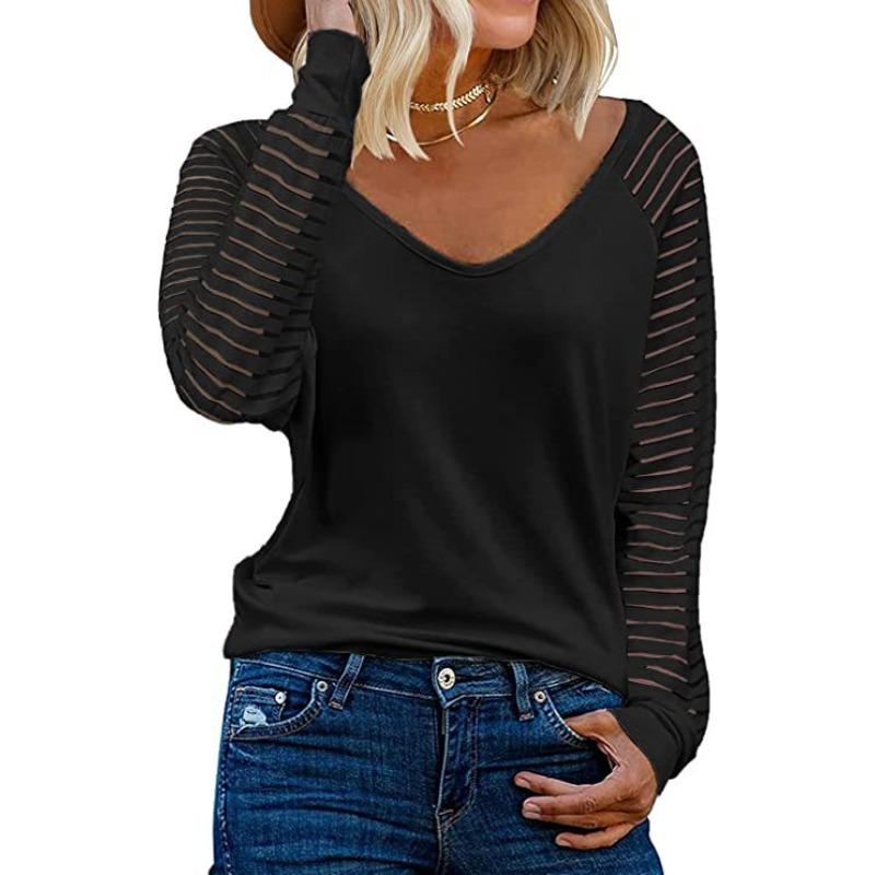 Women s V Neck Long Sleeve T Shirt Striped Sheer Sleeve Casual Raglan Blouse S чёрный