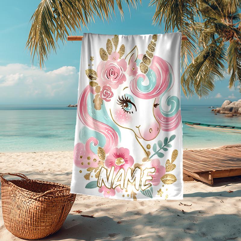 Custom Name Ultra-Soft Beach Towel with Unicorn Theme,Ideal for Pool - Camping, Diving - Perfect Travel Essential, Vibrant Beach Towel.