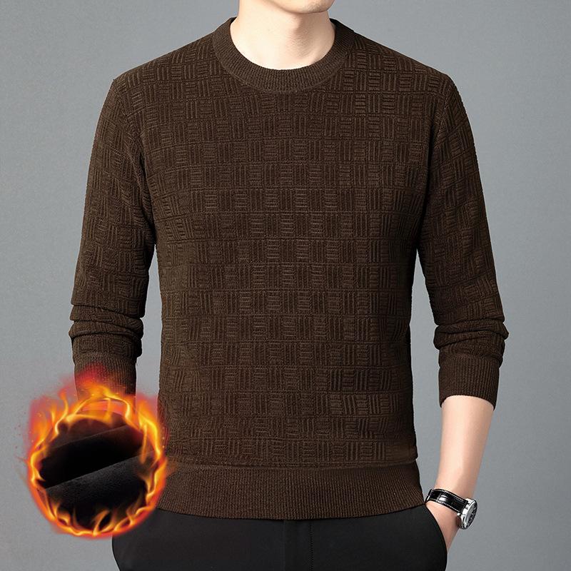 Autumn and Winter New Chenille Plus Velvet Thickened Sweater Men's Round Neck Long-sleeved Warm Bottoming Shirt Men's Outer Wear
