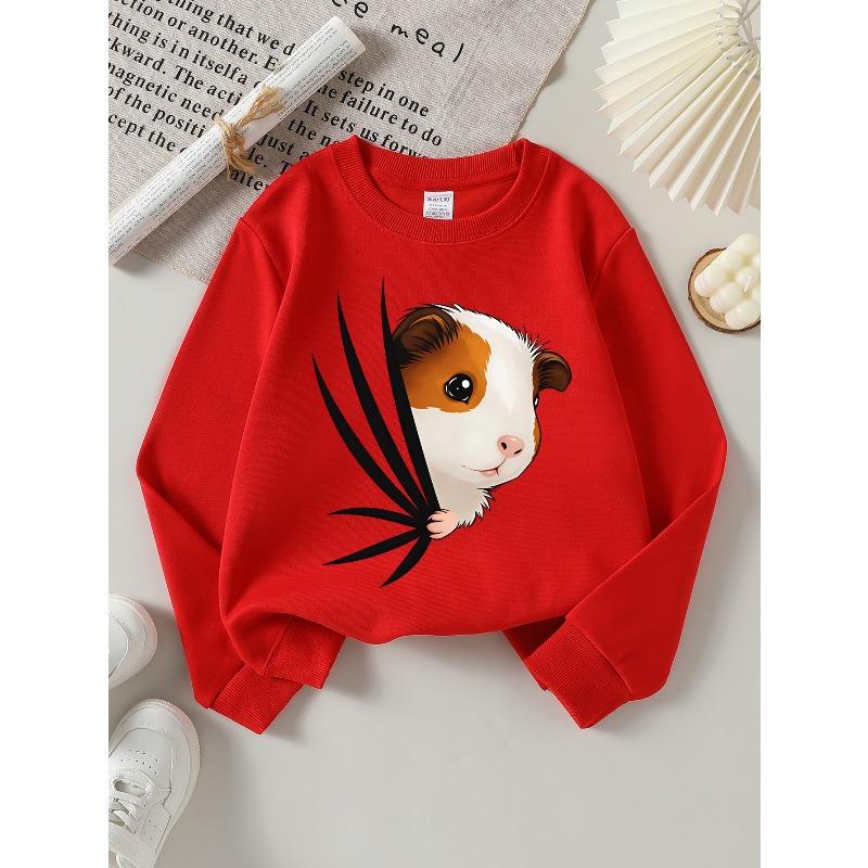 Girls' Long-Sleeve Round Neck Sweatshirt with Printed Design, Cute Guinea Pig Print Suitable for Spring And Autumn, Fashionable And Casual