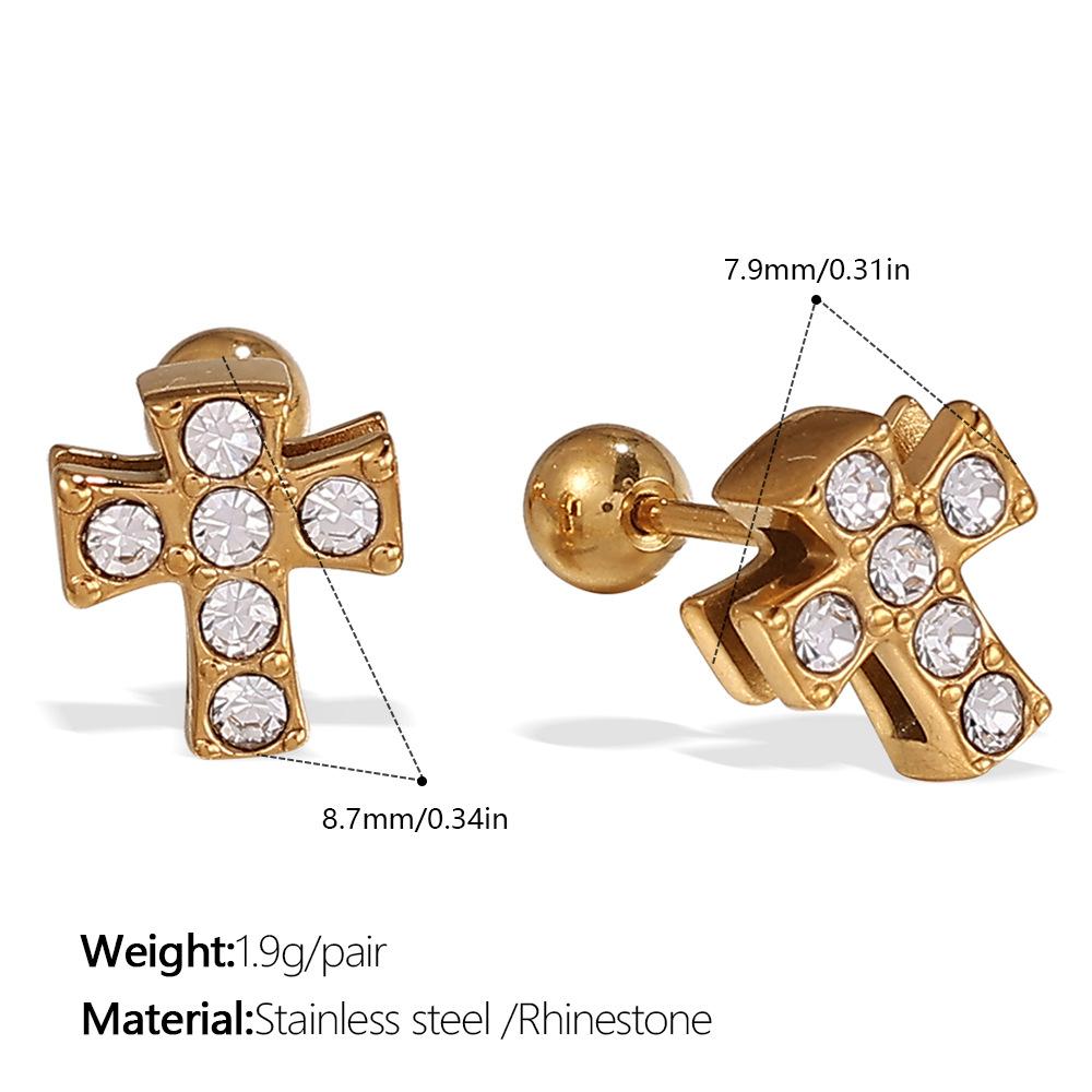 Vintage Earrings Earrings Stainless Steel Gold Plated Cross Round Inlaid Rhinestone Earrings