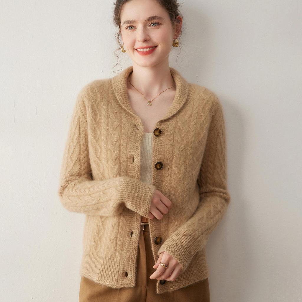 2025 Women's Cashmere Cable Knit Mandarin Collar Cardigan - Autumn/Winter, Long Sleeve, Seven-Needle & Thickened for Warmth