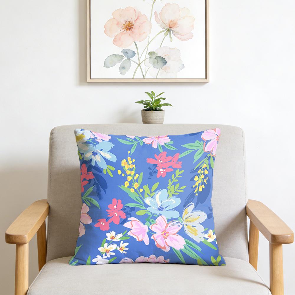 

1Pcs Cushion Cover Light Blue Background Covered with Pink White and Yellow Flowers and Branches Fresh Flower Decorative P 30cmx30cm